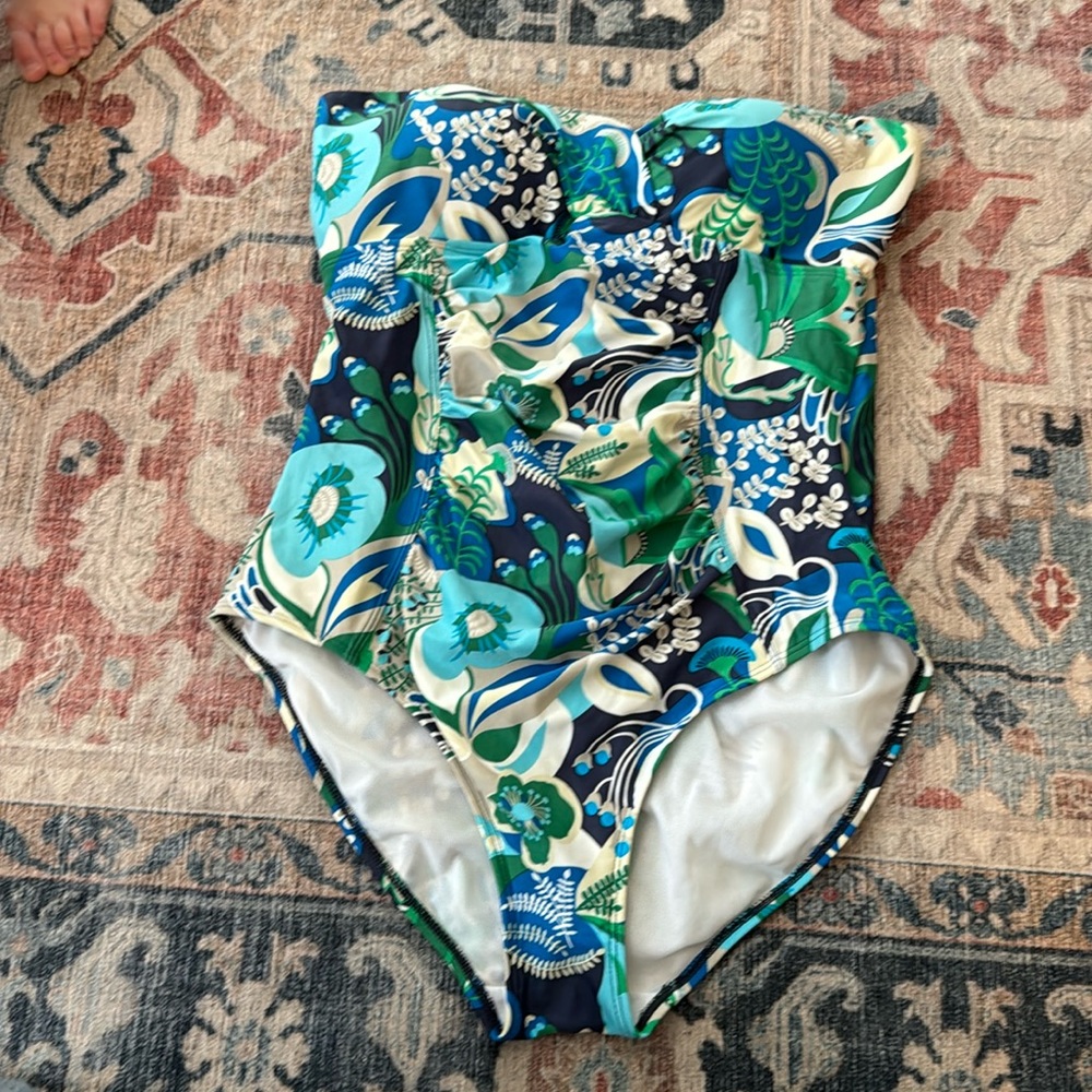 Blue and green floral one piece swimsuit from Boden, strapless